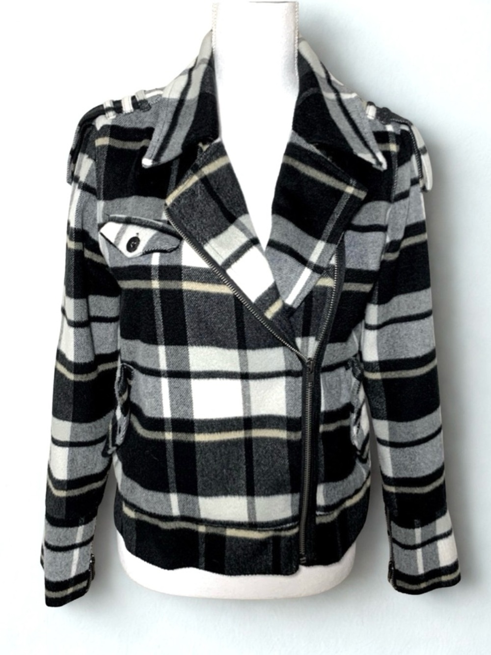 Hurley Women Plaid Moto Jacket Coat  Black White‎ Size Medium